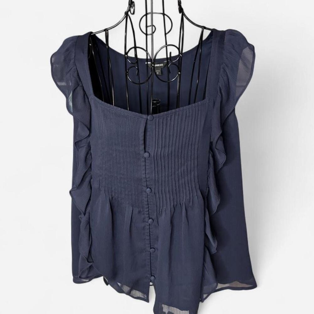 Express Navy Blue Sheer Chiffon Square Neck Pintuck Ruffled Blouse Top L